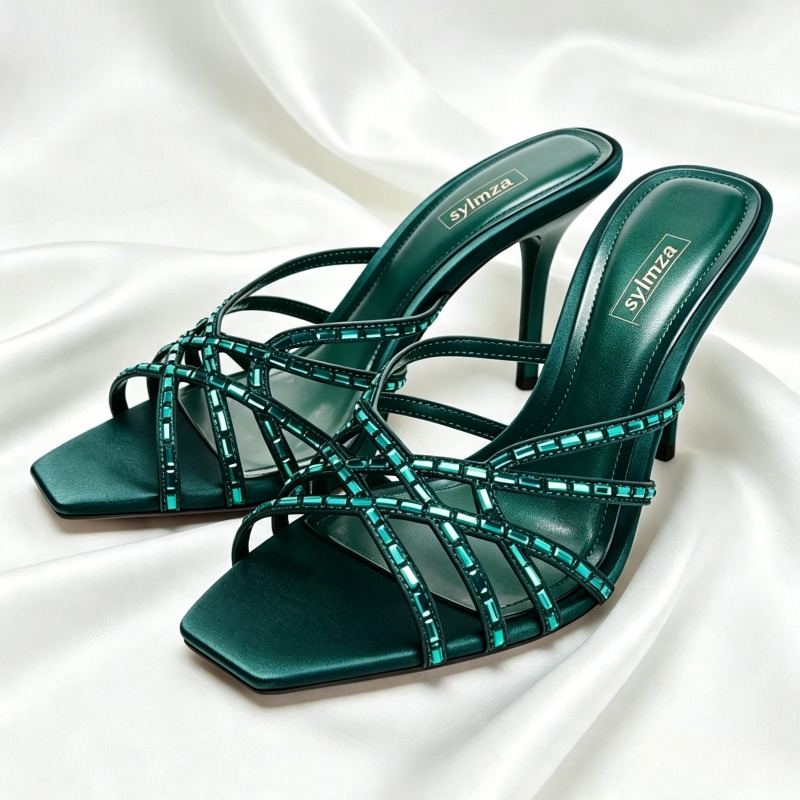 Luxury Lifestyle Products - Einzigartige Pfauenblaue Kristall-Detail-Sandalen mit Absatz für