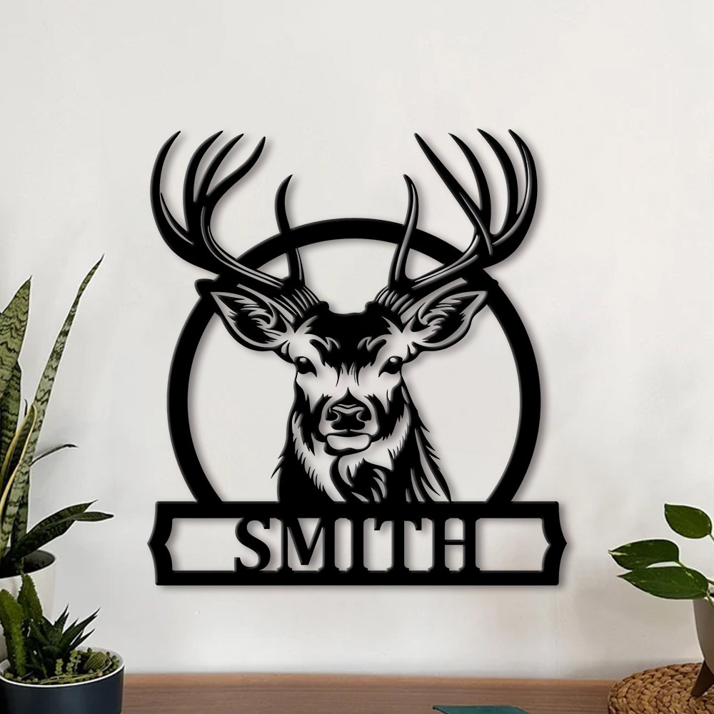 Personalized Engraved Gift - Personalisiertes Hirschfamilien-Namensschild aus Metall, individuelle Geweih-Wandkunst,